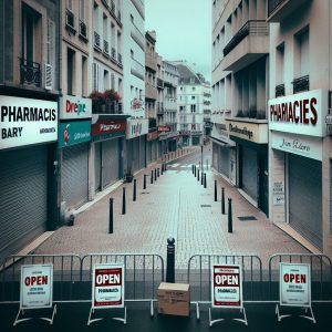 A photograph of closed pharmacies in France with a few designated ones still open in various regions during a national strike.