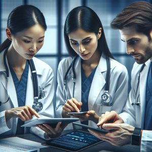 A photography of healthcare professionals using a modern, secure messaging app to collaborate and discuss patient care in a high-tech medical office.