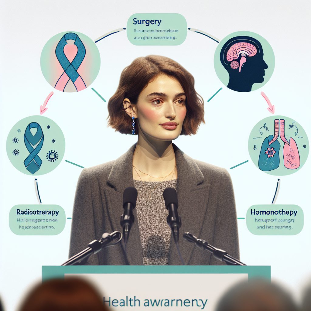 A photography of Carla Bruni-Sarkozy speaking at a cancer awareness event, surrounded by supportive elements symbolizing her journey through surgery, radiotherapy, and hormonotherapy.