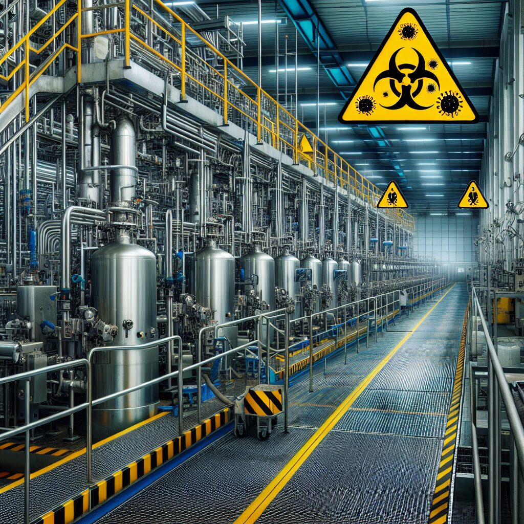 A photography of a Perrier bottling plant, showcasing halted production lines and closed sections with caution signs due to bacterial contamination.