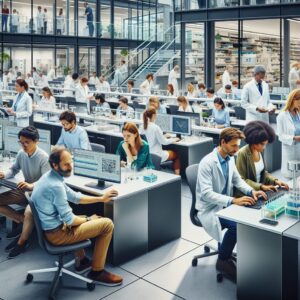 A photography of the bustling headquarters of Biogaran pharmaceuticals in France, showcasing its vibrant workforce and modern facilities.