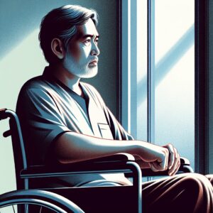 A photography of a middle-aged man with a solemn expression, sitting in a wheelchair by a window, gazing outside with a sense of longing and sadness.