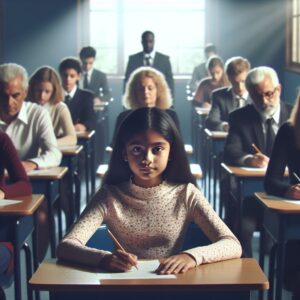 A photograph of a 9-year-old girl confidently taking a high school exam in a classroom setting, surrounded by older students, highlighting her exceptional precocity.