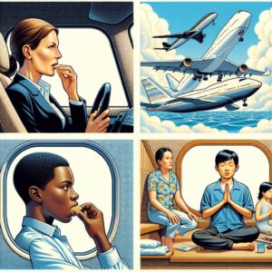 A photography of diverse travelers comfortably seated in different modes of transport like cars, planes, and boats, using various strategies to prevent motion sickness, including eating lightly, looking at the horizon, and using relaxation techniques.