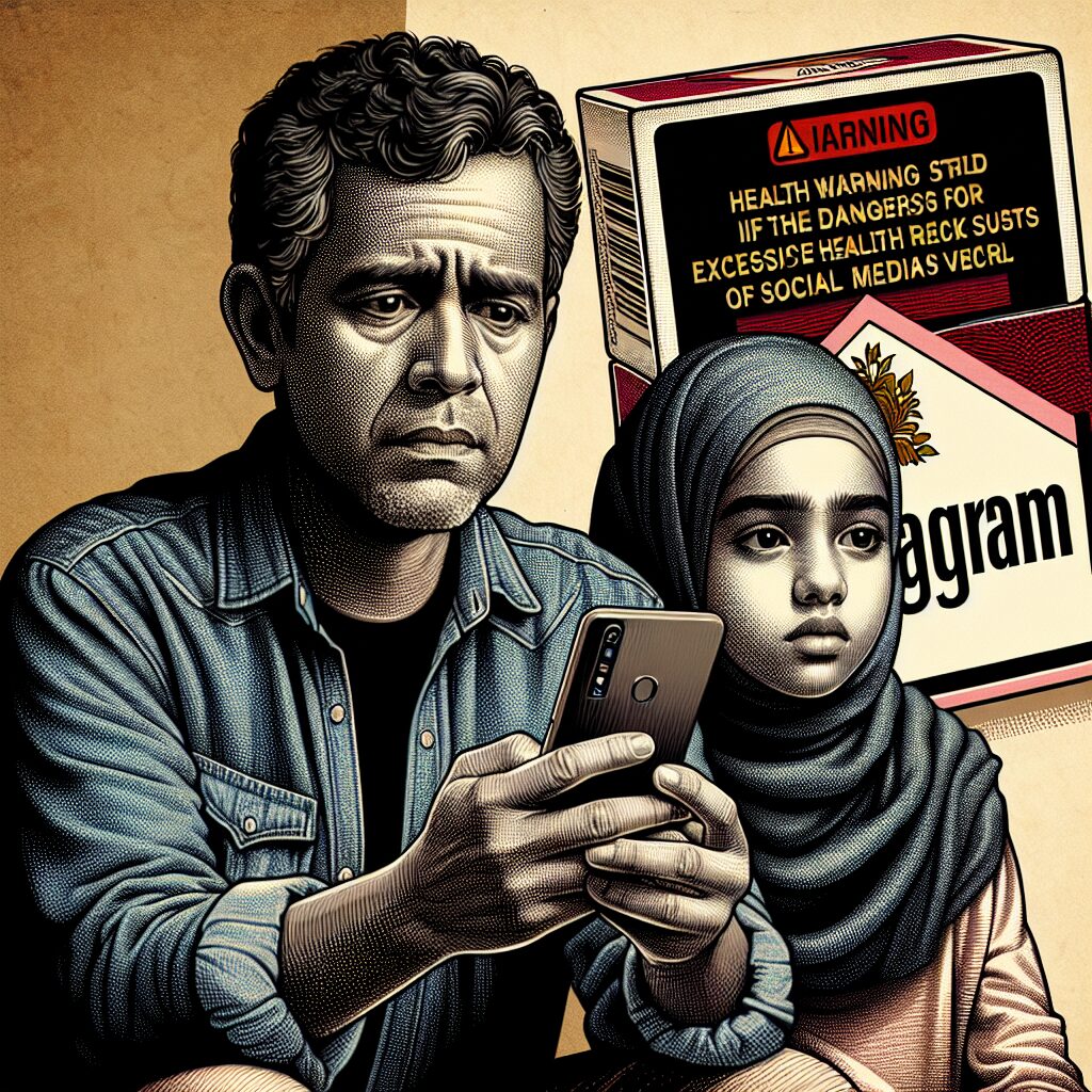 A photography of a concerned parent and teenage child sitting together, with a smartphone showing Instagram on the screen and health warning labels appearing similar to those on cigarette packages.
