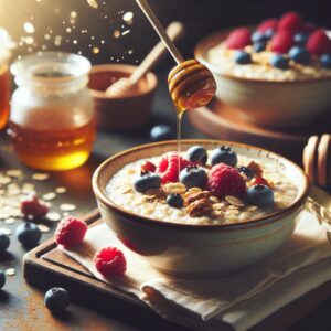 A photography of a beautiful breakfast table featuring a bowl of creamy oatmeal topped with fresh berries, nuts, and a drizzle of honey, capturing the healthy and nutritious essence of oats.