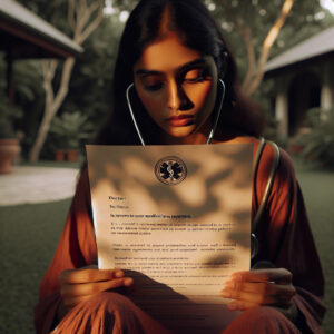 A photography of a person sitting in a garden, looking worried while holding a doctor's note, emphasizing the importance of adhering to medical leave restrictions.