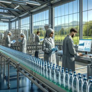 A photography of a pristine water bottling facility in Deux-Sèvres, with workers conducting quality control tests and surrounded by lush, green landscapes.