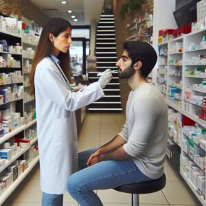 A photography of a French pharmacist performing a rapid oropharyngeal test on a patient to diagnose a bacterial angina before dispensing antibiotics, inside a well-organized modern pharmacy.