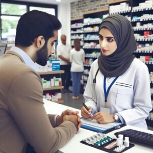 A photography of a pharmacist attentively consulting with a patient at a modern pharmacy counter, ready to prescribe treatment for a urinary infection.