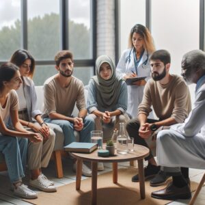A photography of a diverse group of people in a serene clinic setting, receiving comforting support from professionals in a mental health care environment.