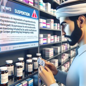 A photography of a pharmacist examining a range of generic medications on a shelf, with a concerned look, highlighting the recent suspension ordered by the European Commission.