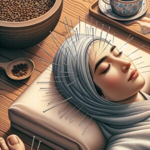 "A photography of a person with acupuncture needles in their head, relaxing with their feet in warm water, and a cup of coffee beside them."