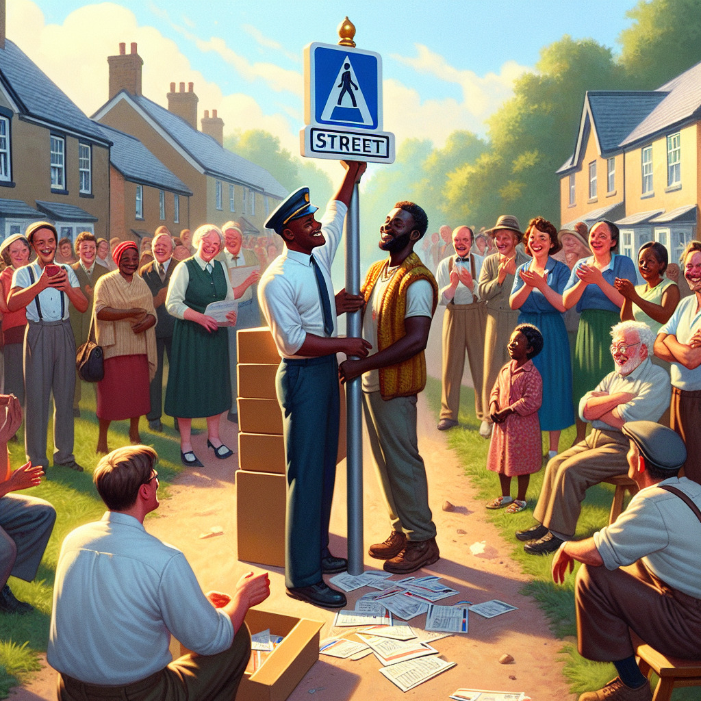 "A photography of a community welcoming a new street sign being installed in a small village, with smiling residents and postal workers in the background."