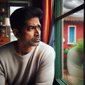 A photography of a person at home looking outside the window with a serious expression, representing the restriction of not being able to go out during a medical leave.