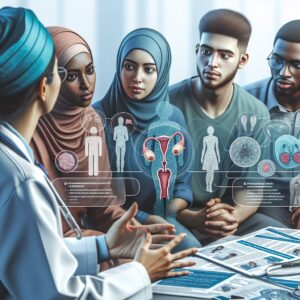 A photograph of a diverse group of people in a clinical setting discussing their health with a doctor, highlighting the importance of open communication about sexually transmitted infections.