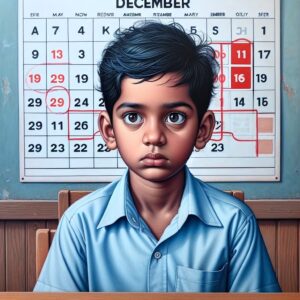 A photography of a young child in a classroom, looking puzzled or overwhelmed, with a calendar highlighting the month of December in the background to symbolize the disparities in treatment based on birth month.