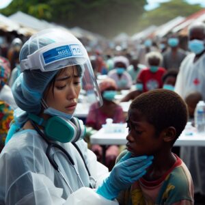 A photography of a worried healthcare worker in protective gear tending to a child in a crowded, makeshift medical camp in Mayotte, highlighting the urgency and seriousness of the cholera outbreak.