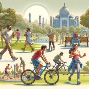 A photography of a diverse group of people engaging in various forms of physical activity outdoors, such as jogging, cycling, and playing sports, set against a backdrop of a sunny park.