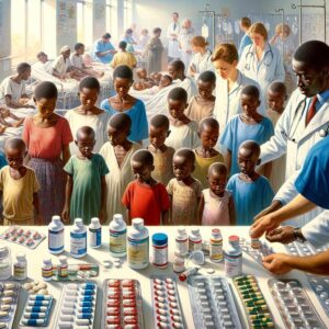 "A photography of children in a hospital ward in Sub-Saharan Africa, with emphasis on antibiotic treatments and medical staff, highlighting the issue of antibiotic resistance."