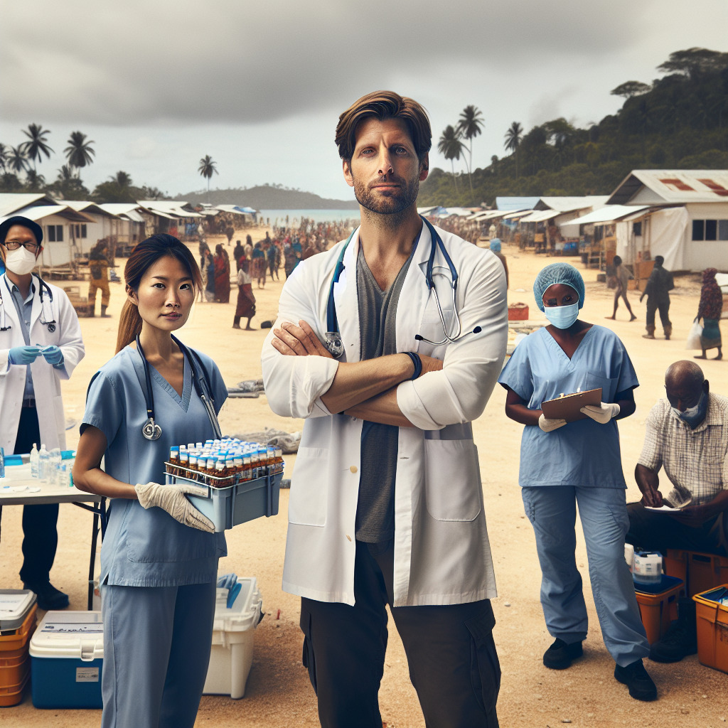 "A photography of a dedicated team of healthcare professionals providing medical assistance in a community affected by a cholera outbreak in Mayotte, showcasing both the logistical efforts and human compassion involved in combating the crisis."
