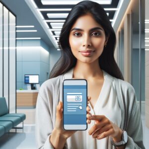 A photography of a person using a smartphone to display their digital carte Vitale in a modern, well-lit medical clinic setting.