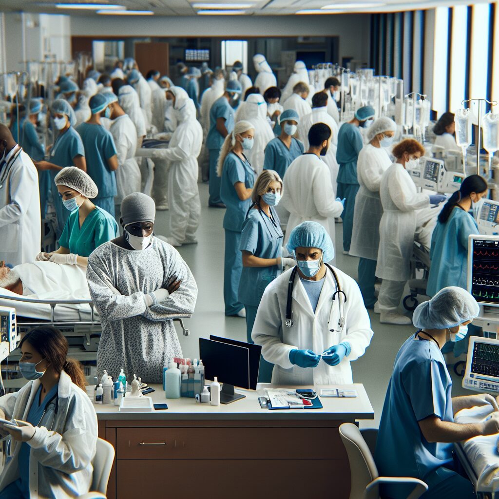 A photography of a hospital emergency room with a noticeable increase in patient visits during a moderate Covid-19 wave, including healthcare workers in protective gear.