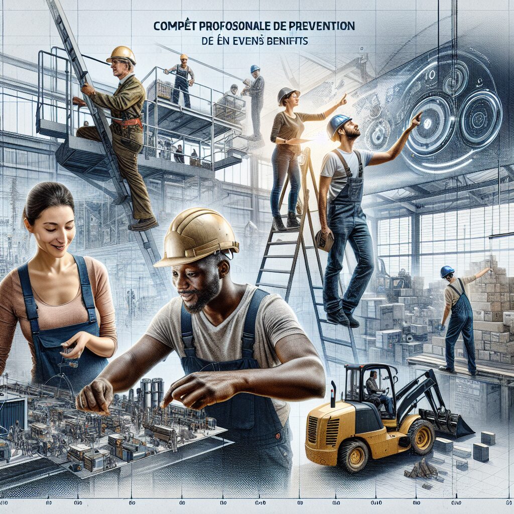 A photography of workers in various challenging work environments, with an overlay of a points system chart illustrating the Compte Professionnel de Prévention (C2P) benefits.