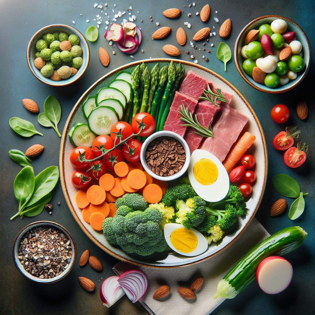 A photography of a balanced meal combining high and low glycemic index foods, with vegetables, proteins, and almonds on the side.