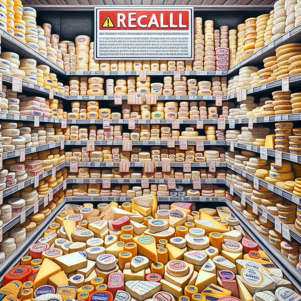 A photography of a supermarket cheese section with warning signs indicating a recall notice for Cantal cheese due to E. coli contamination.