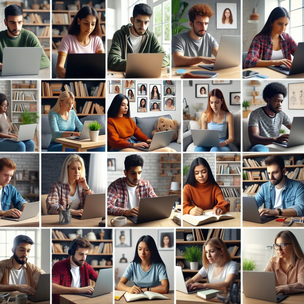 A photography of university students attending an online psychological counseling session, with a diverse group of students engaging attentively on their laptops from different home environments.