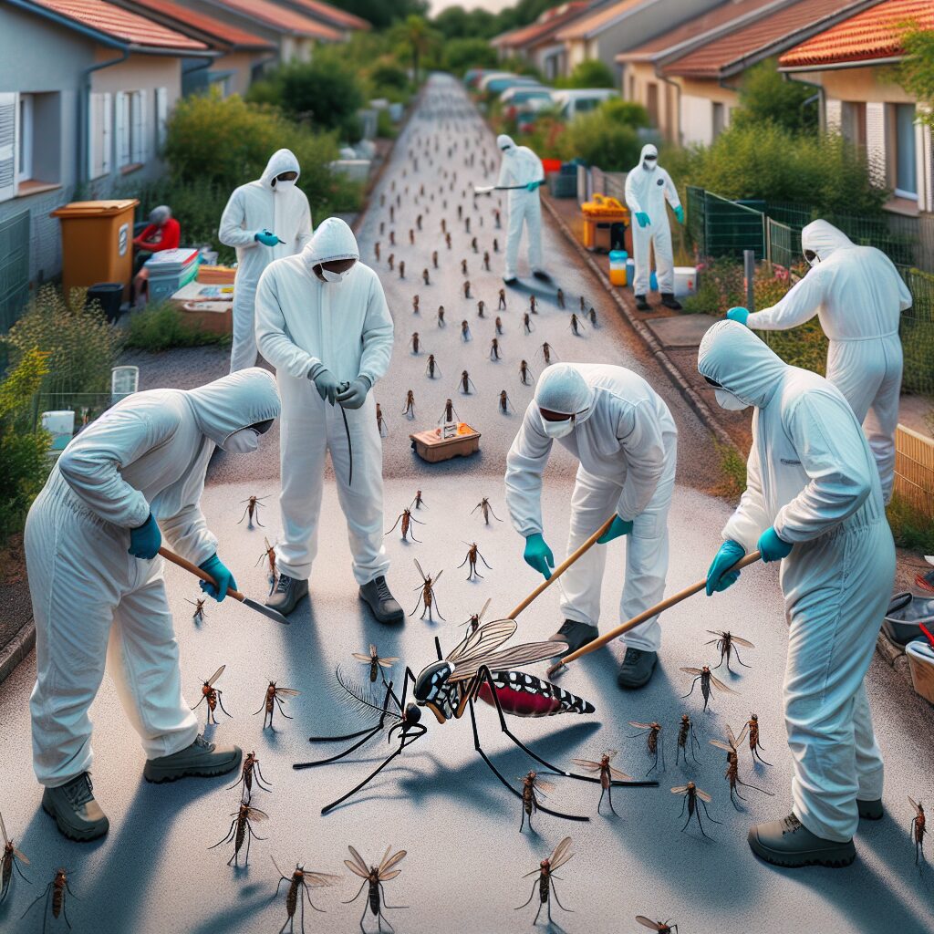 A photography of health workers conducting mosquito control measures in a residential area in Pérols, France, to prevent the spread of dengue fever, with emphasis on the presence of the Aedes mosquito and local community involvement.