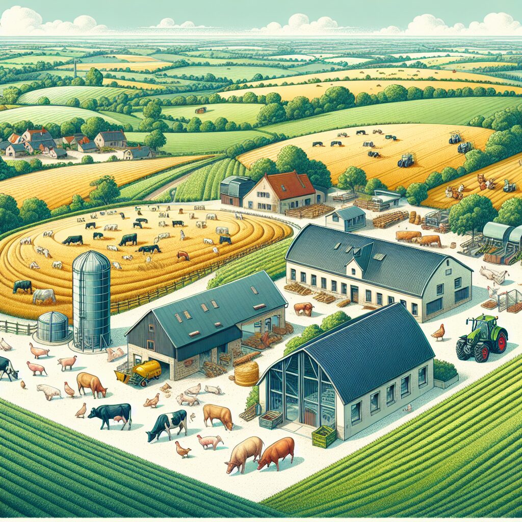 "a photography of a French farm landscape with both small and medium-sized farms, highlighting livestock such as cows, pigs, and chickens, alongside modern agricultural buildings and machinery."