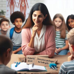 A photograph of a mother lovingly creating educational kits about puberty for both boys and girls, surrounded by young students eager to learn.