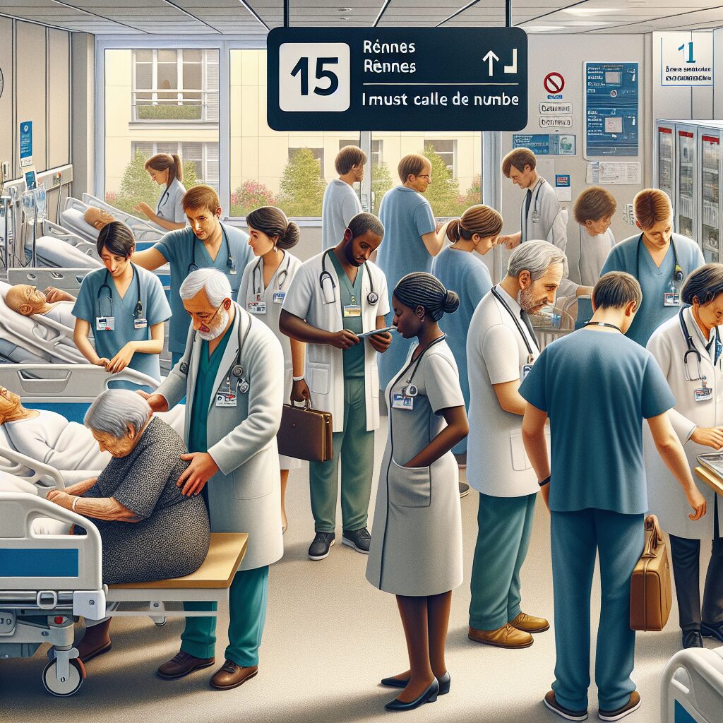 A photography of a crowded emergency room in a Rennes hospital with medical staff attending to patients and a visible sign indicating the requirement to call 15 before entering.