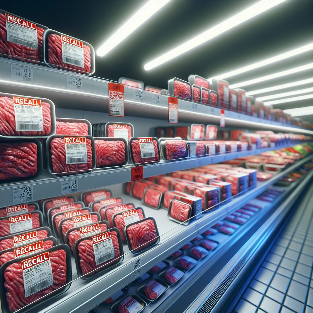 A photography of supermarket shelves with various packages of minced meat and beef steaks, some with bright red "recall" stickers, highlighting food safety concerns.