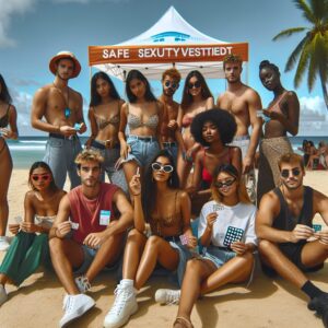 A photography of diverse young adults on a beach, using condoms, holding birth control pills, and visiting a medical tent for STI testing, promoting safe sex practices during vacations.