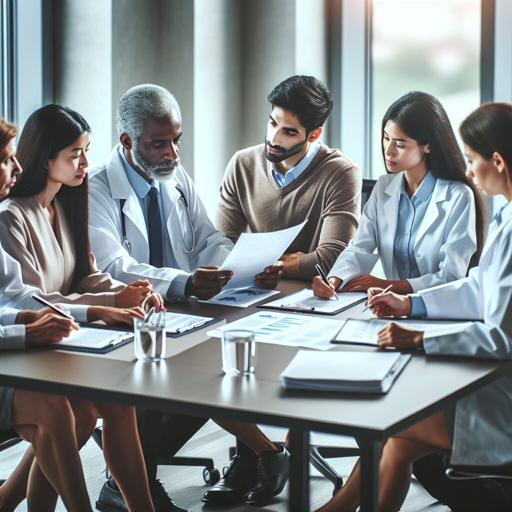 "A photography of a diverse group of professionals in a conference room, actively engaged in discussion and reviewing scientific documents, representing the Committee of Evaluation for Public Health Interventions."