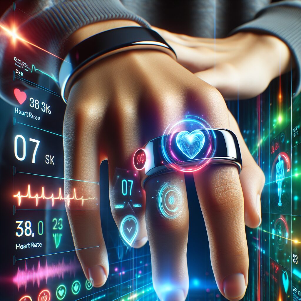 "a photography of a sleek, modern smart ring on a person's finger, displaying health metrics with a futuristic background"