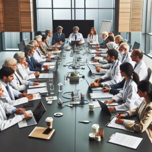 "A photography of a professional committee meeting in a modern conference room, with diverse experts in health and science collaborating and discussing around a large table with documents and laptops."