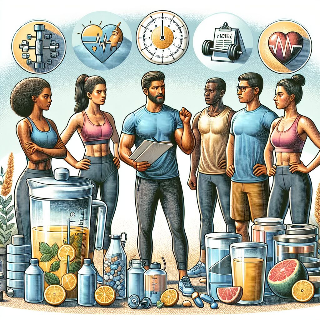 a photography of a fitness coach giving advice to a group of clients, with elements representing hydration (lemon water and plain water), exercise timing (morning and evening), fasting exercise, and both cardio and strength training activities