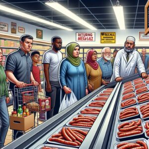 A photography of customers returning halal merguez sausages to a grocery store due to a recent recall notice.
