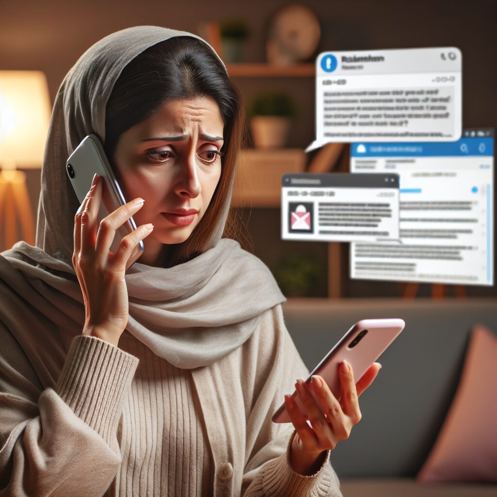A photography of a concerned individual receiving a suspicious phone call with a fraudulent email and SMS displayed on their phone screen, highlighting the rise of digital scams.