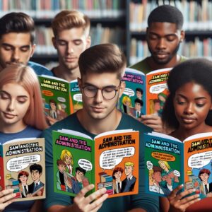 A photography of young adults reading a colorful educational comic book about navigating administrative procedures, titled "Sam and the Administration: Zero Hassle Goal," in a school library setting.