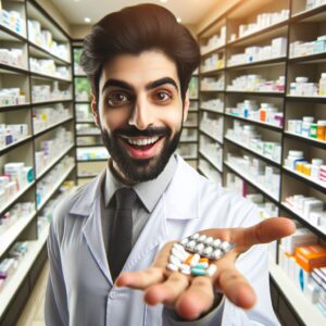 A photography of a pharmacist displaying various alternative medications available for patients, emphasizing the shelves with different drug options in a well-lit pharmacy.