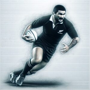 A photograph of former New Zealand rugby player Norm Hewitt in action on the field wearing the All Blacks jersey, surrounded by a memorial tribute.