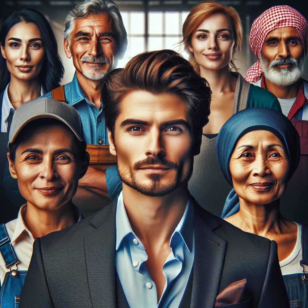 "A photography of a diverse group of people of different professions such as a male office executive, a male factory worker, a female farmer, and a female shopkeeper, all standing together with expressions reflecting differing life expectancies against a backdrop symbolizing social disparities."