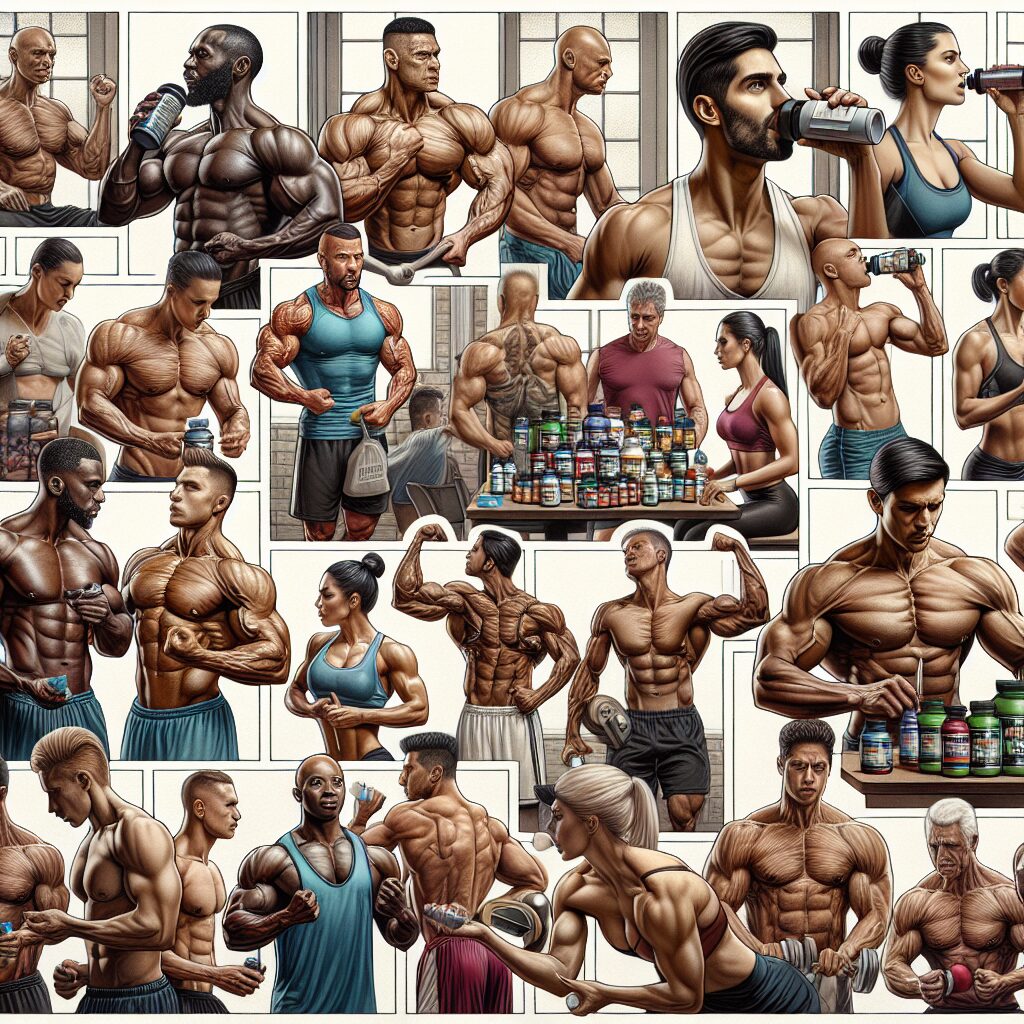 A photography of athletes taking dietary supplements in a gym setting, highlighting both traditional bodybuilders and other sports disciplines, with a subtle cautionary tone regarding health risks.