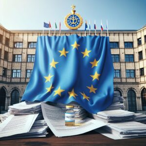 A photography of the European Union flag partially covering a stack of COVID-19 vaccine contracts and documents, with a backdrop of the European Court of Justice in Luxembourg.