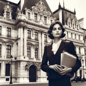 A photography of Évelyne Ternant standing outside the French Conseil constitutionnel, holding documents, with the building’s ornate architecture in the background.